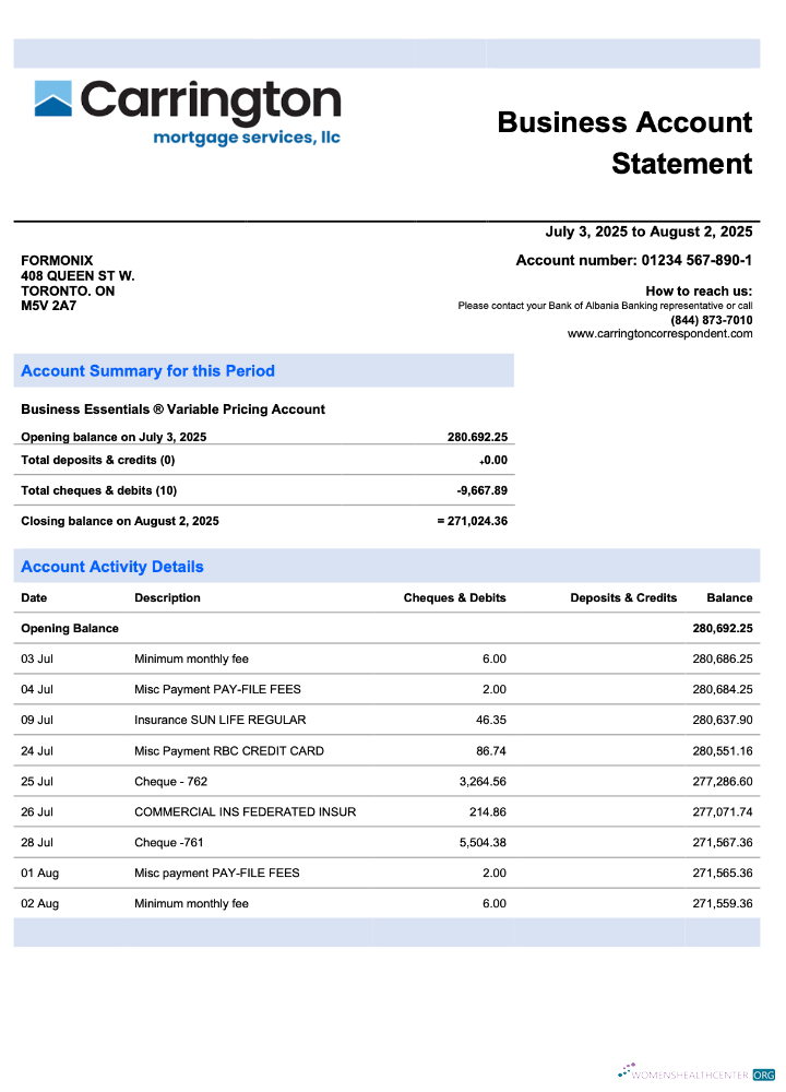 USA Carrington Mortgage Services business checking account statement Word and PDF template